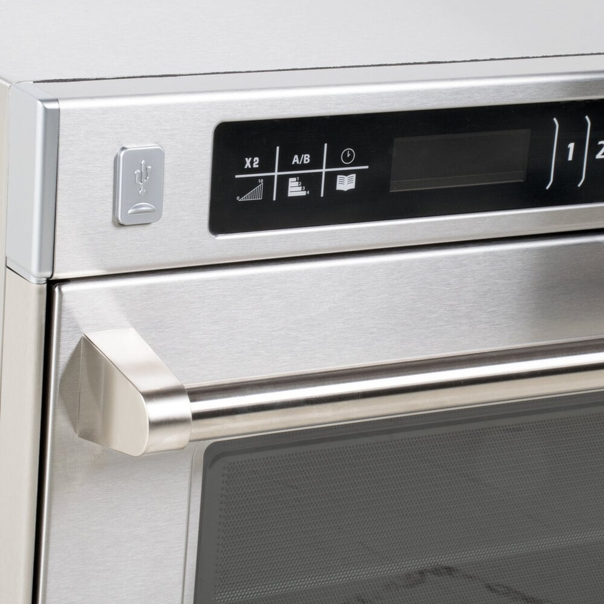 Close-up of Amana AMSO35 control panel showing USB icon and display