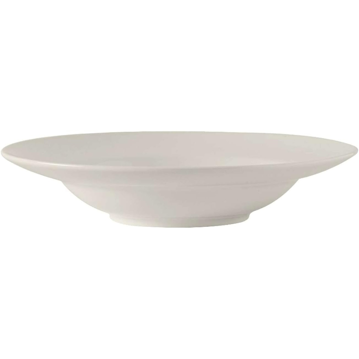 Tuxton AMU-062 Modena AlumaTux pearl white rimmed soup bowl, 9-1/2 inch diameter, side view showing wide rim and deep well