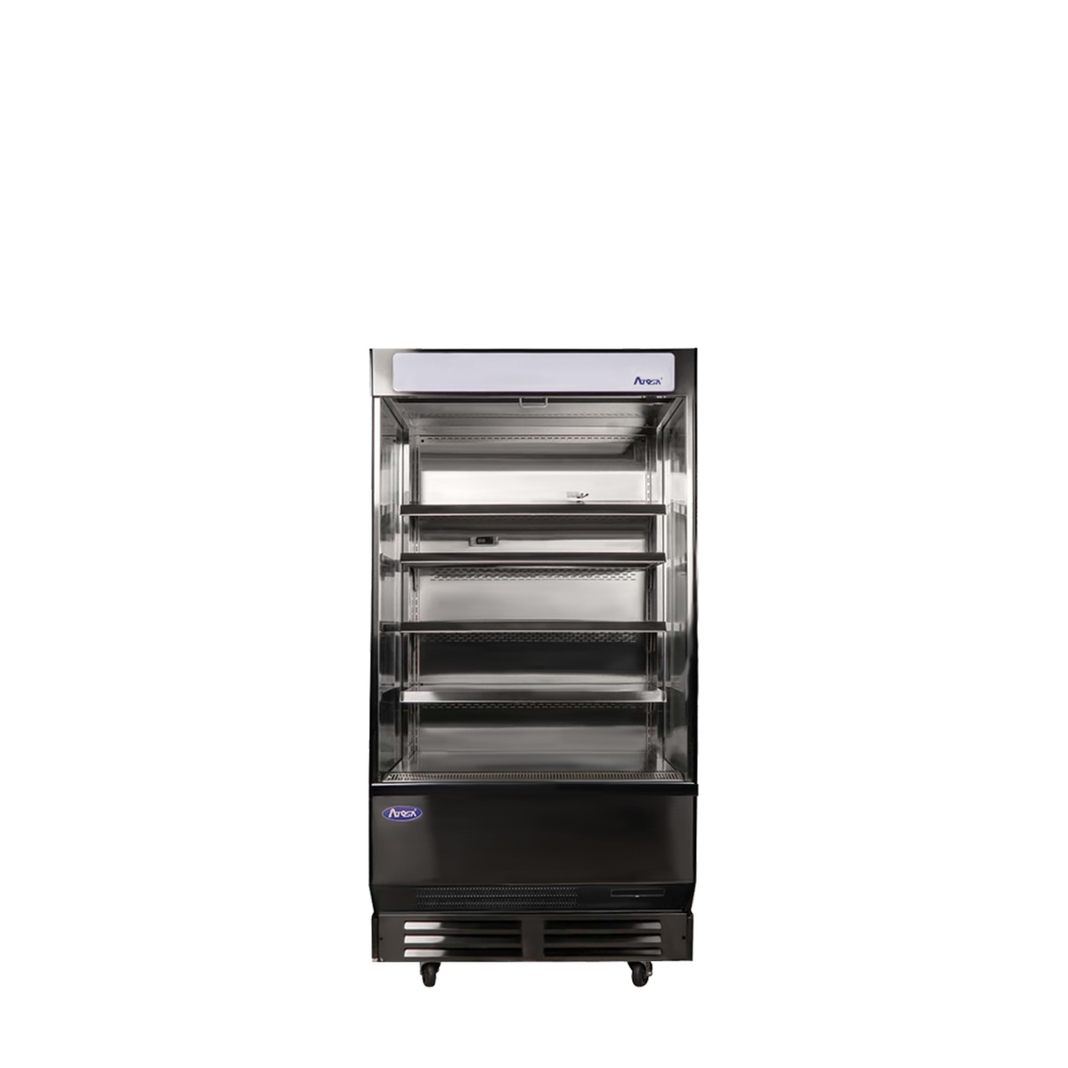 Atosa AOM-40B 40-inch open air refrigerated merchandiser with black exterior, stainless steel interior, four shelves, and LED-lit header panel