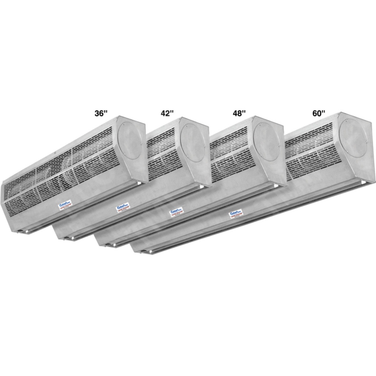 Curtron Air-Pro stainless steel air curtains shown in multiple widths: 36, 42, 48, and 60 inches