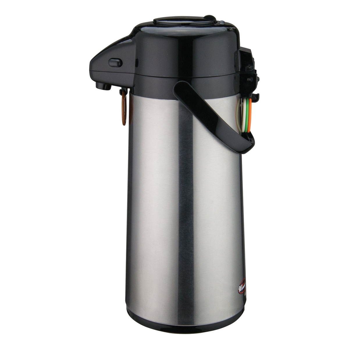 Winco AP-522 stainless steel airpot with black push-button top and color identification tags on handle