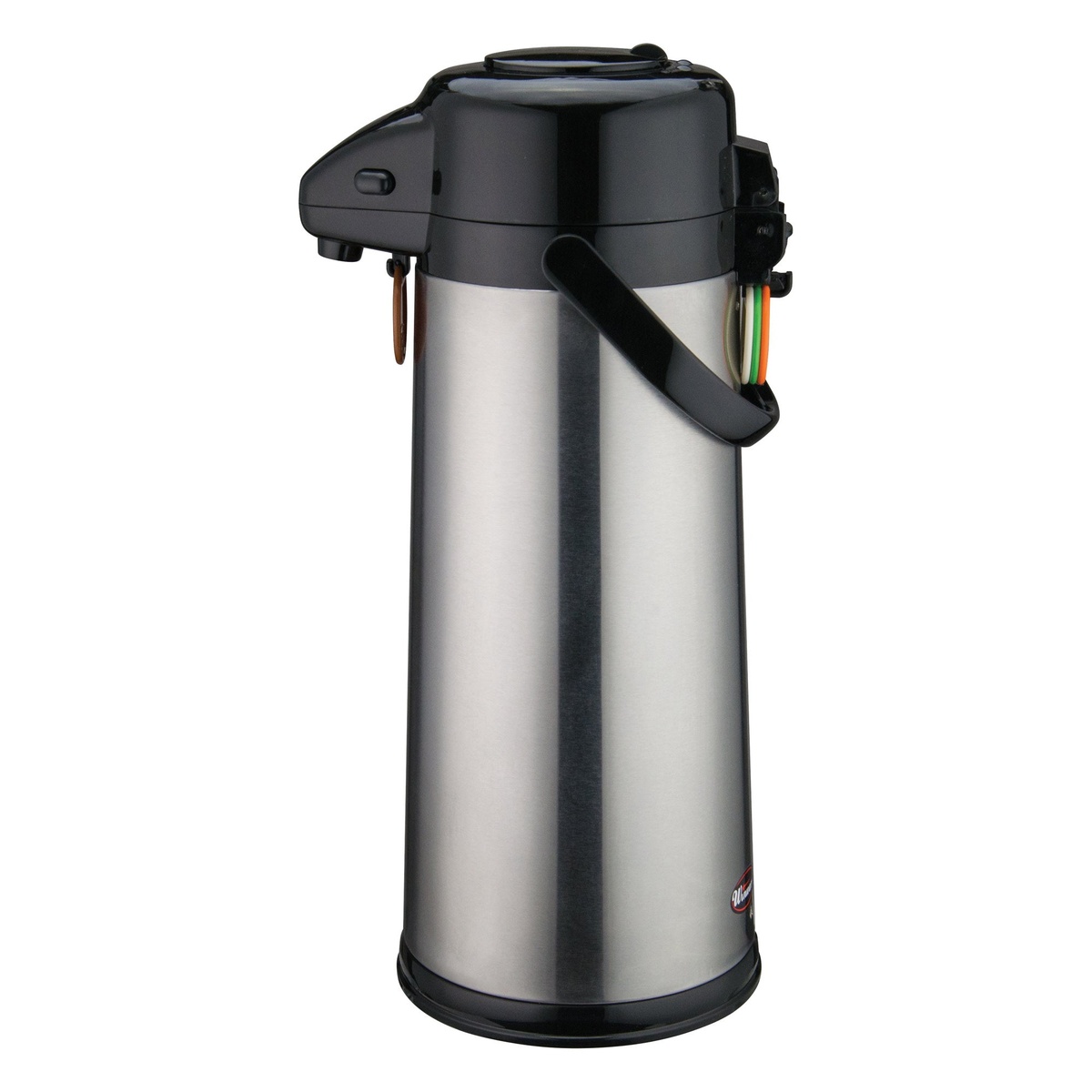 Winco AP-535 stainless steel airpot with black push button top and carrying handle