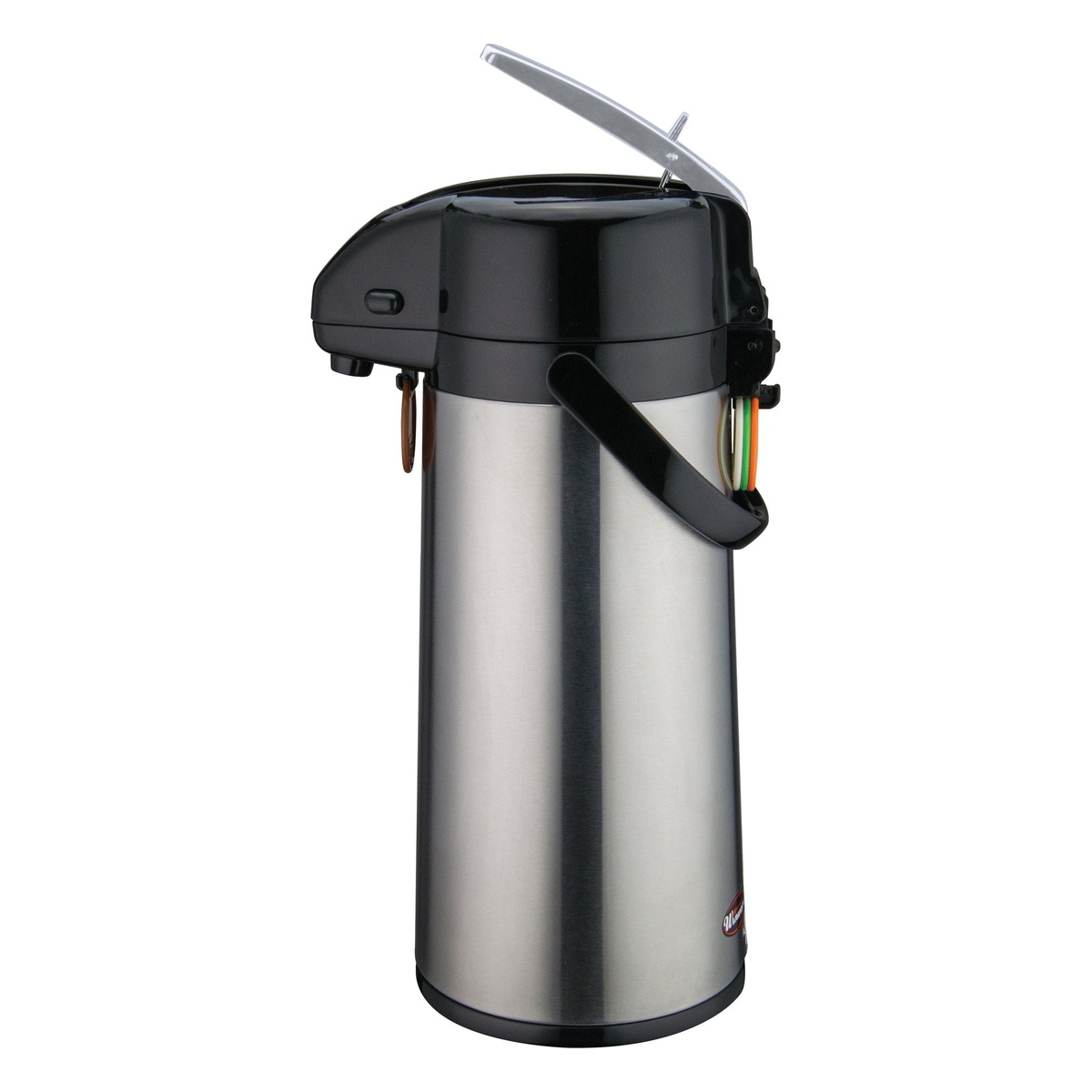Winco AP-822 stainless steel airpot with black lever top and color identification tags