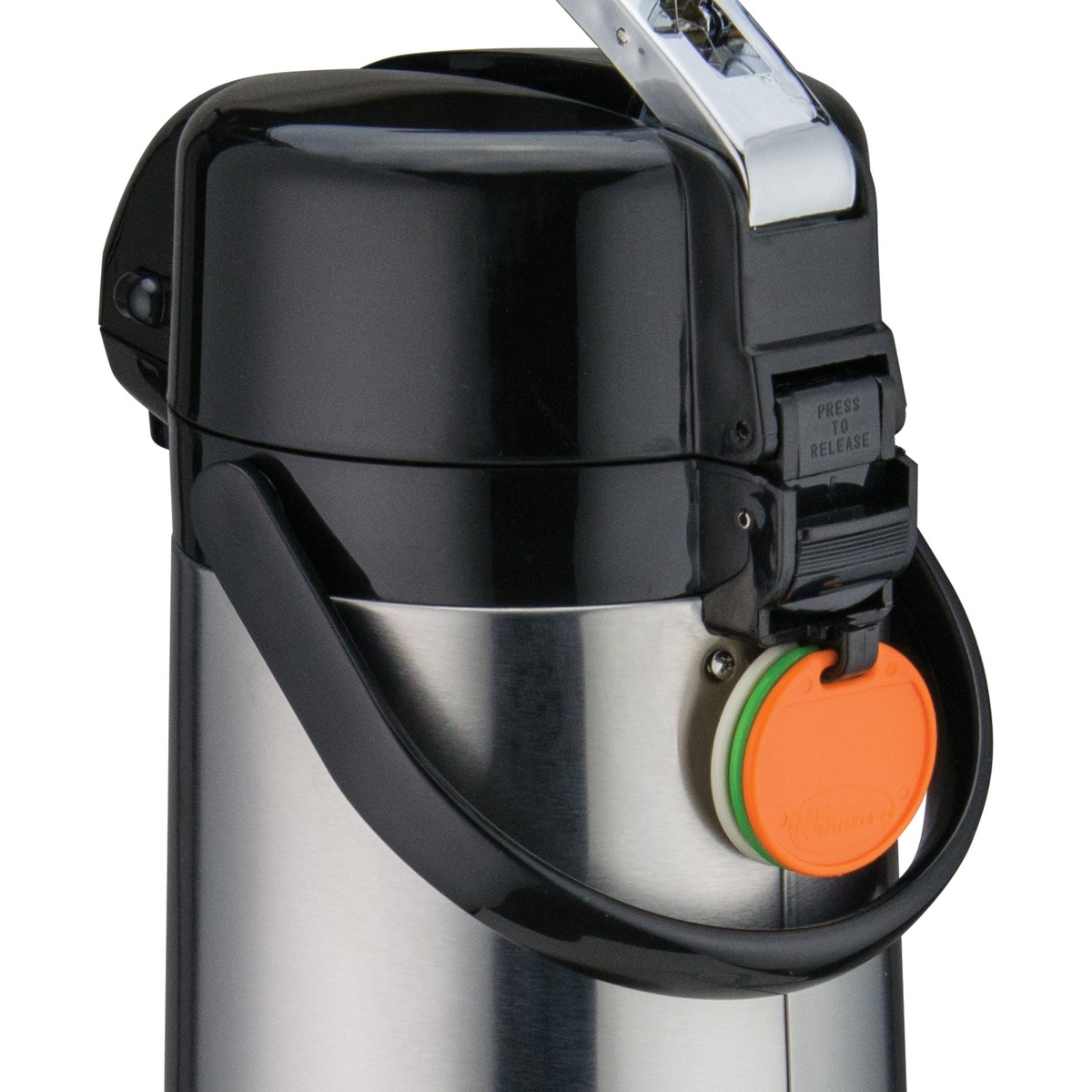 Close-up of the Winco AP-825 lever top mechanism with press-to-release button and stacked color identification tags