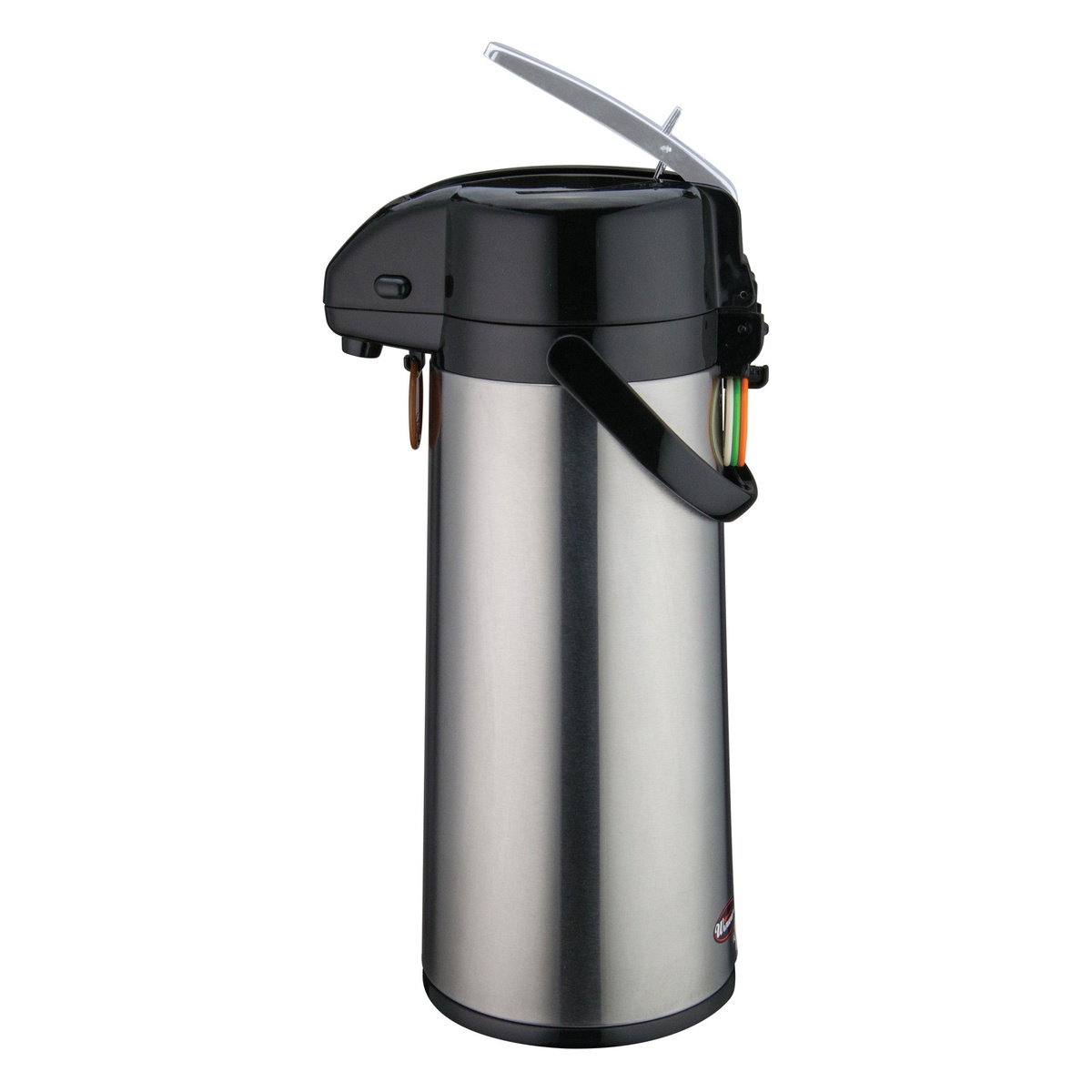 Winco AP-825 2.5L glass-lined airpot with stainless steel satin-finish body, black lever top, and carrying handle