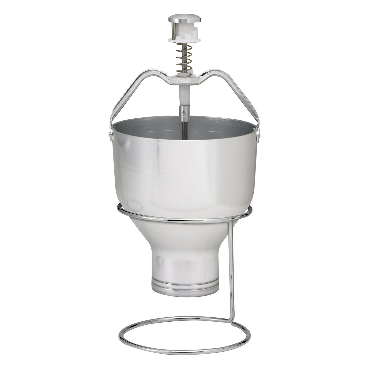 Winco APCD-6 aluminum pancake batter dispenser shown elevated on a chrome wire stand