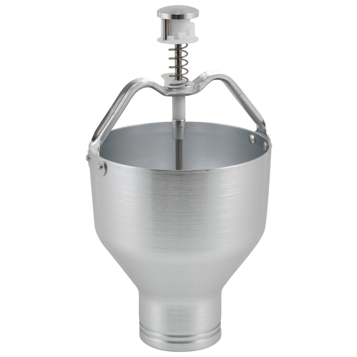 Winco APCD-6 aluminum pancake batter dispenser showing plunger mechanism and funnel spout
