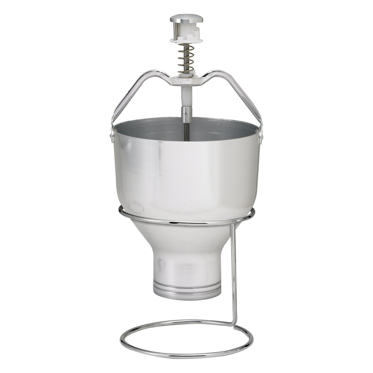 Winco APCD-6 pancake batter dispenser seated in the APCD-6R rack stand on white background
