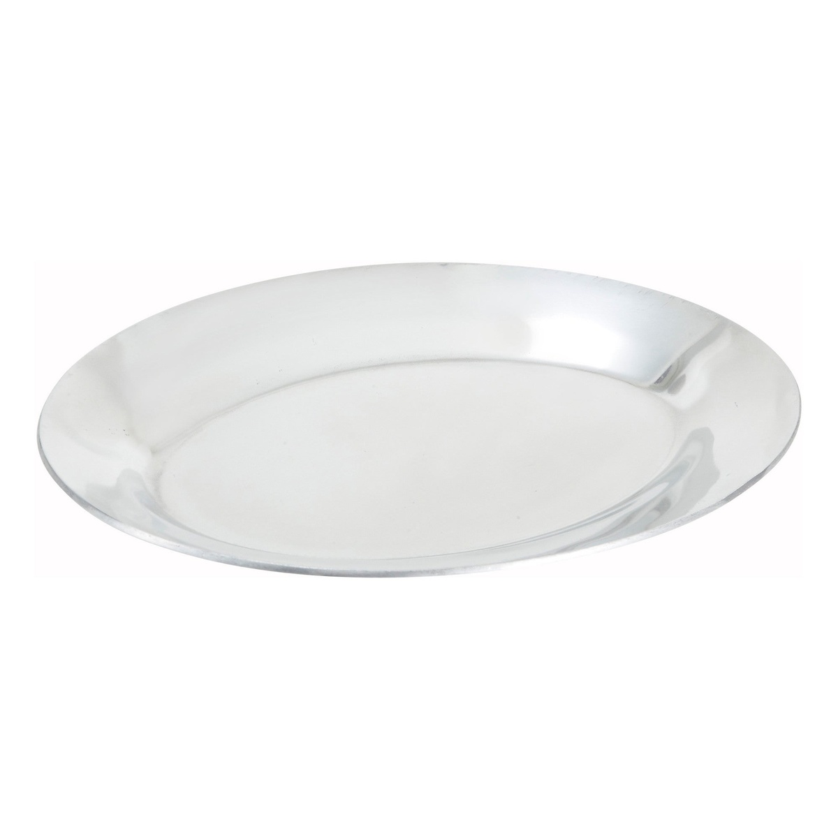 Winco APL-11 11-inch oval aluminum sizzle platter with silver finish, viewed from above at an angle