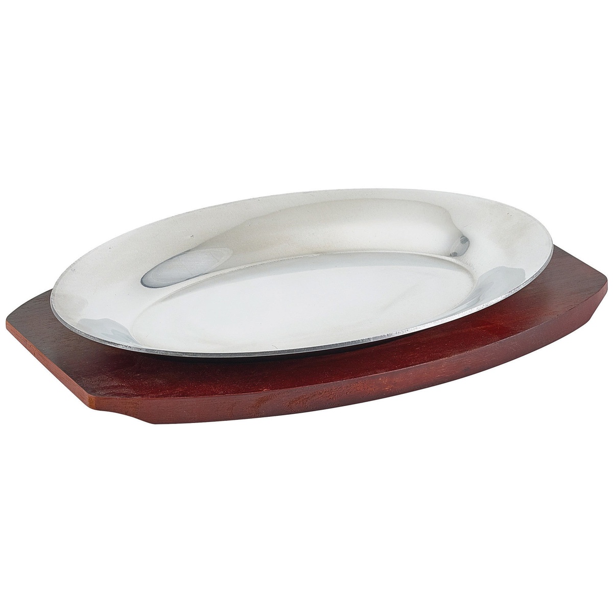 Winco APL-11 aluminum sizzle platter shown resting on a separate wood underliner