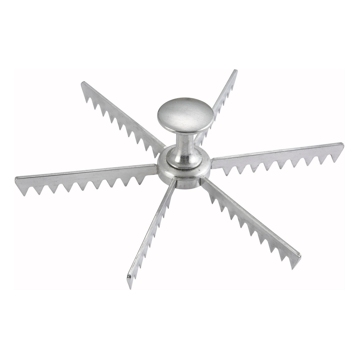 Winco APM-06 6-cut cast aluminum pie and cake marker with serrated arms and center knob, shown on white background