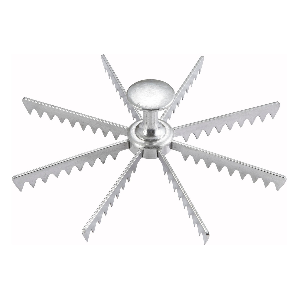 Winco APM-08 cast aluminum 8-cut pie and cake marker viewed from above, showing serrated blades radiating from a central knob