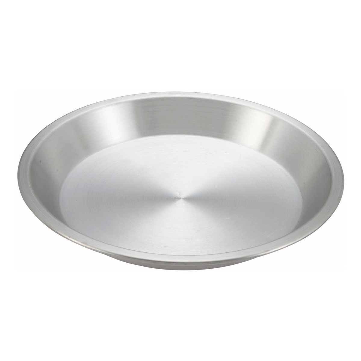 Winco APPL-9 9-inch round aluminum pie pan with brushed finish, shown from above at an angle