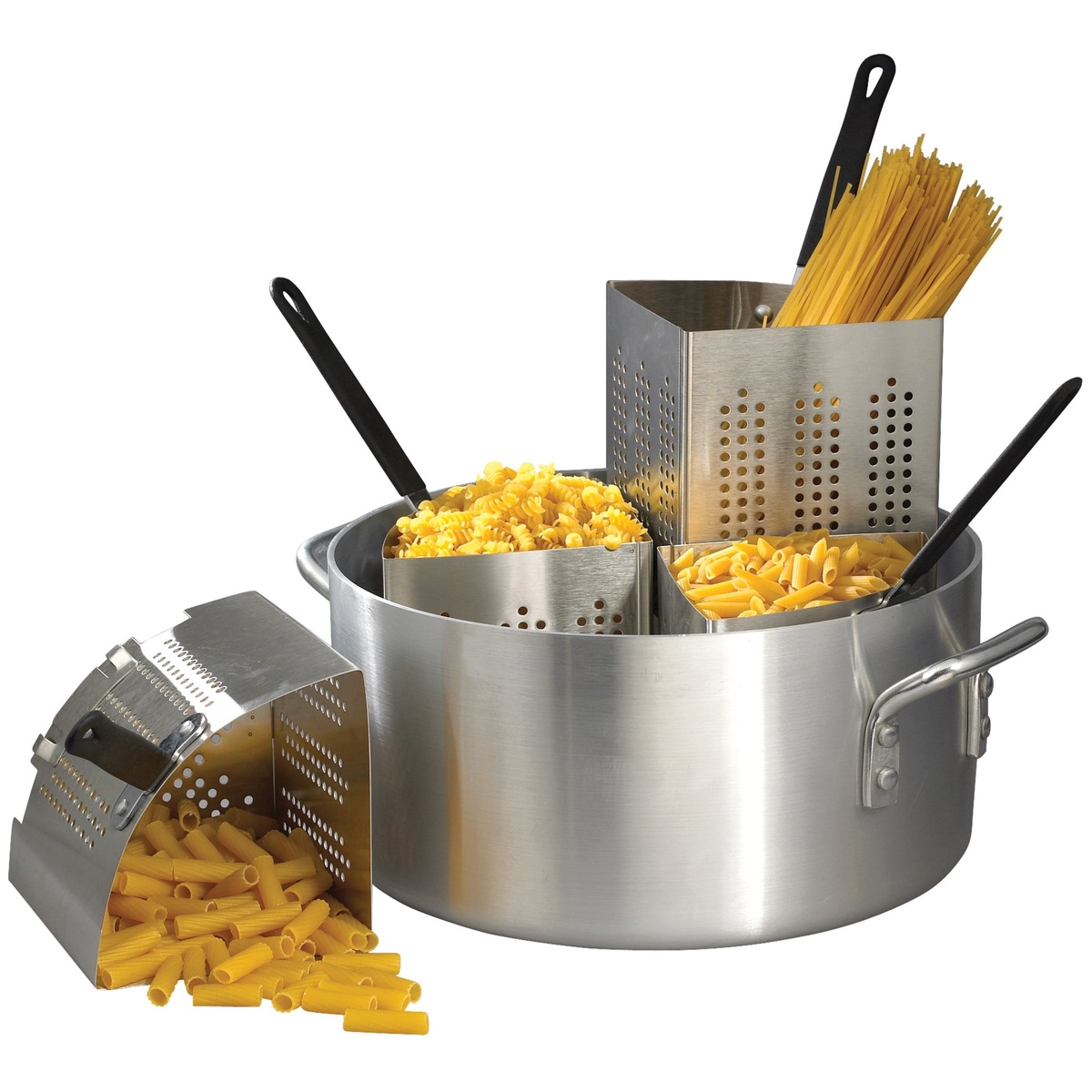 Pasta cooker set in use with various pasta types