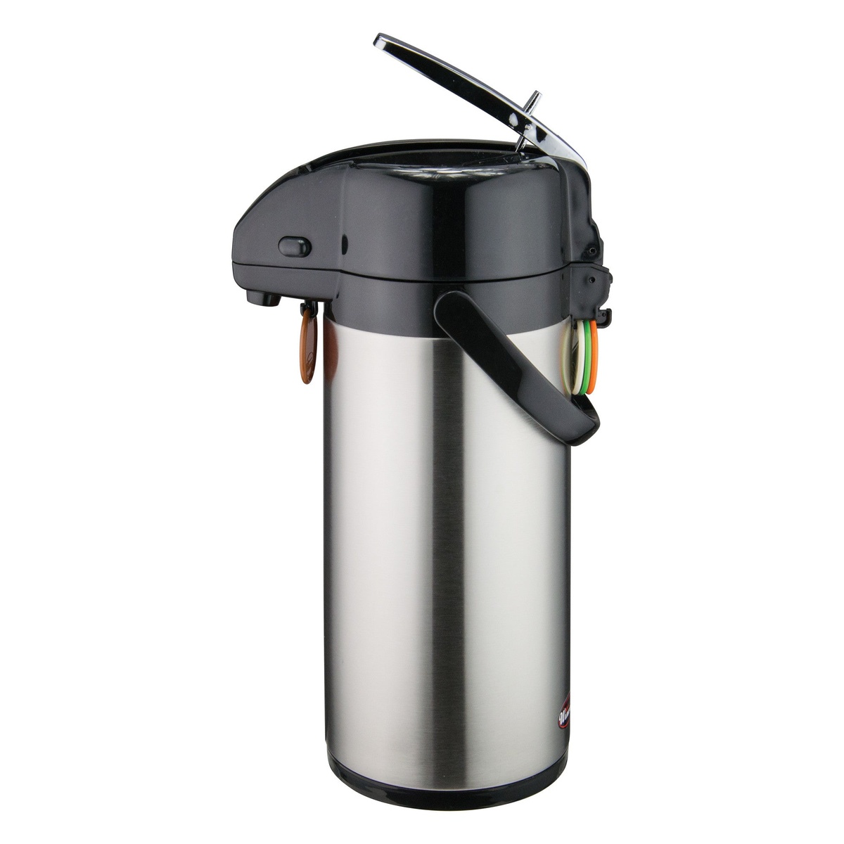Winco APSK-725 stainless steel airpot with lever top open and color-coded identification tags attached