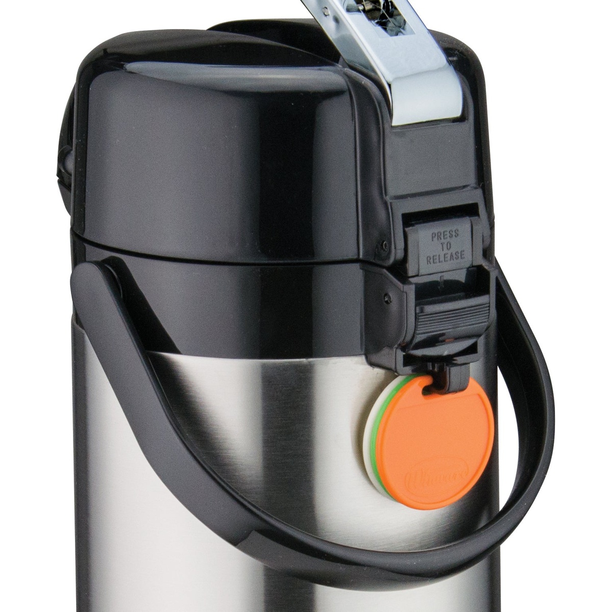 Close-up of APSK-725 airpot lever mechanism with press-to-release safety lock and stacked color identification tags