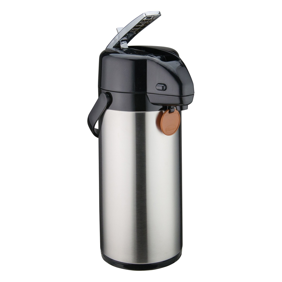 Winco APSK-725 stainless steel airpot side profile with lever open and coffee identification tag visible