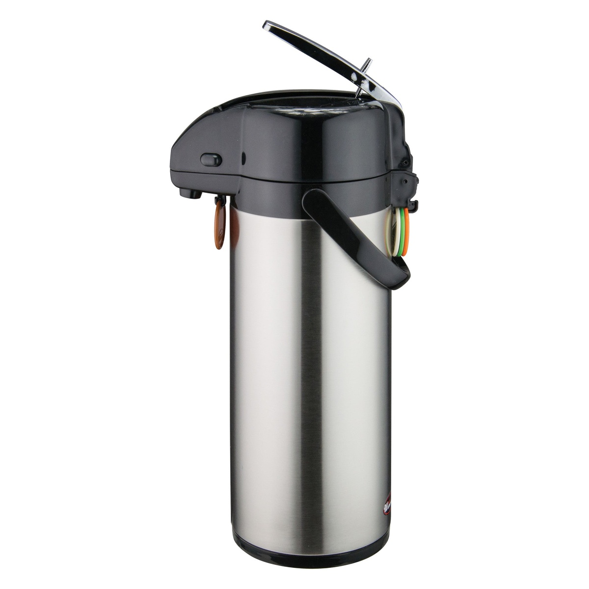 Winco APSK-730 3-liter stainless steel lever top airpot with color identification tags and black lever handle