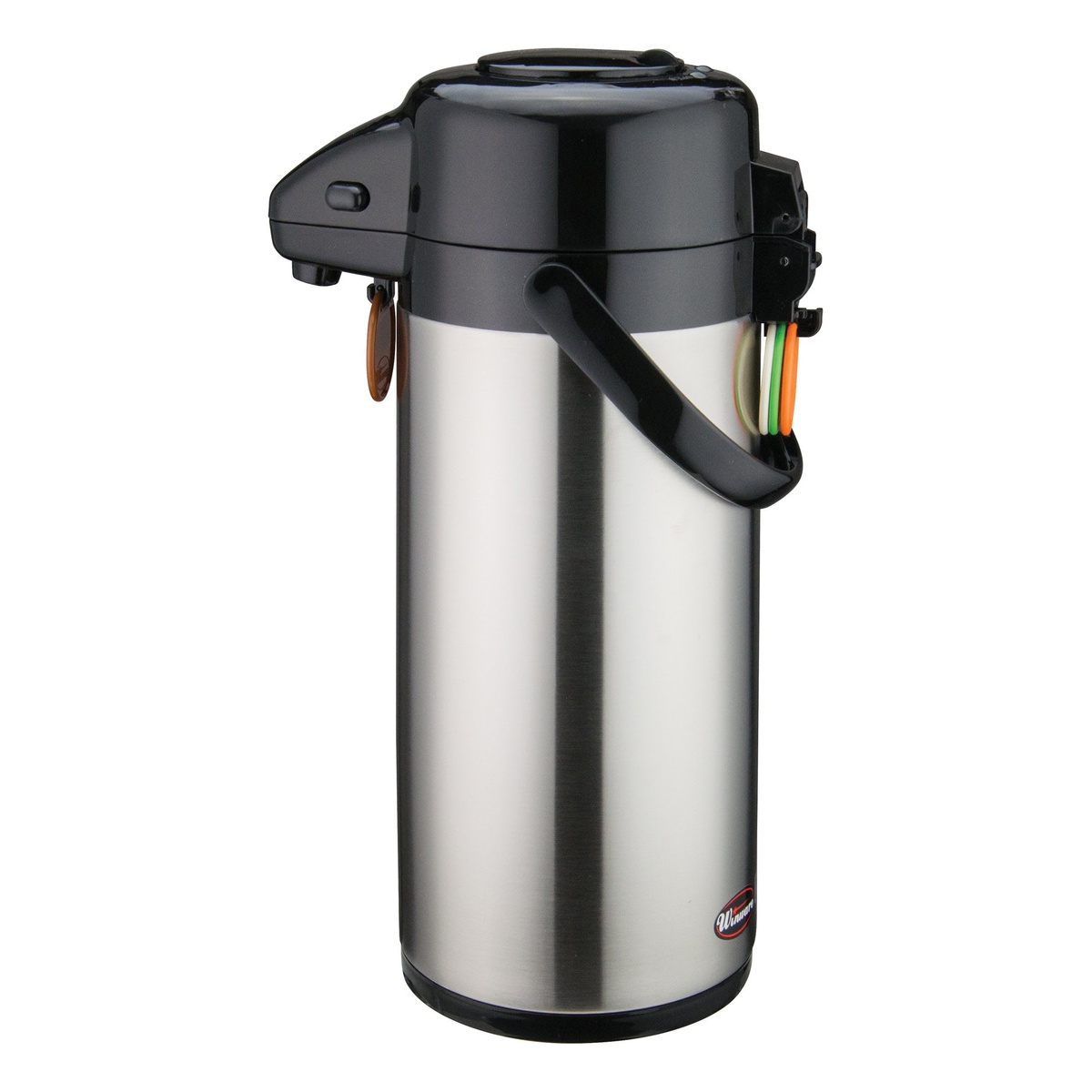 Winco APSP-925 stainless steel airpot with black push-button top and color ID tags attached to handle