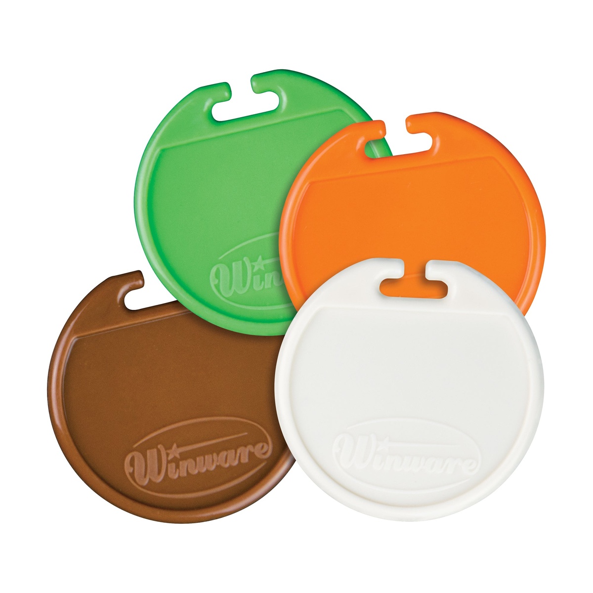 Four Winco Lift and Twist color identification tags in brown, green, orange, and white for airpot beverage labeling