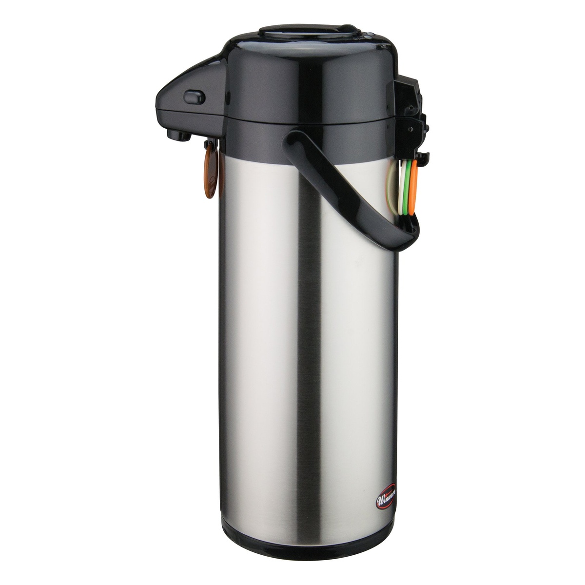 Winco APSP-930 3-liter stainless steel satin-finish airpot with black pump top and color identification tags