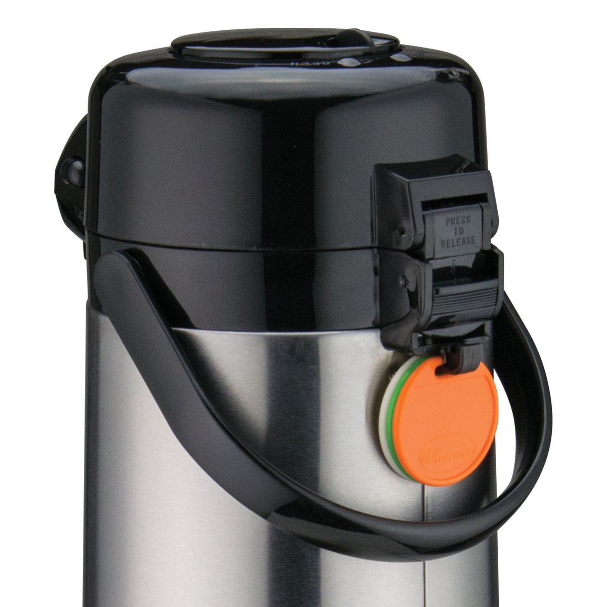 Close-up of Winco APSP-930 push-button release mechanism and color identification tags attached to the handle