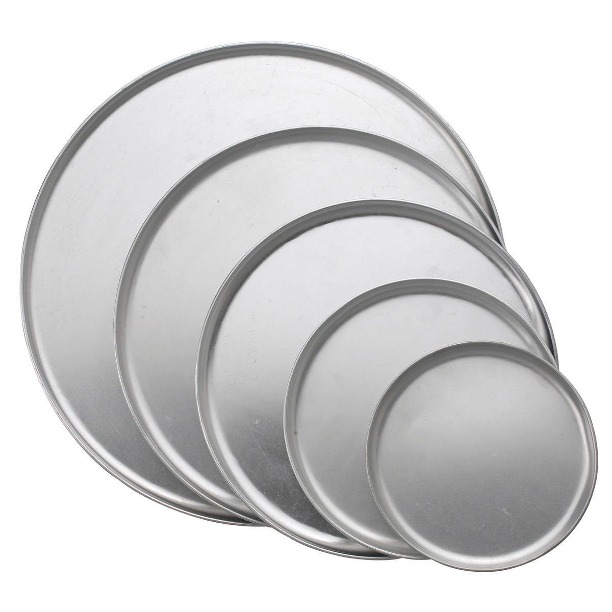 Multiple sizes of Winco aluminum coupe pizza pans fanned out together showing the full product line