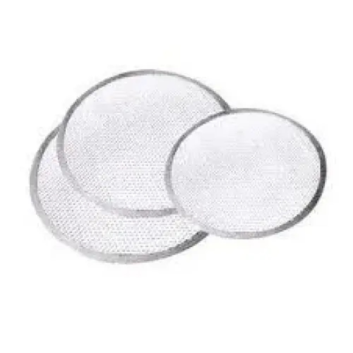 Winco APZS-13 13-inch round aluminum seamless pizza screens shown in multiple sizes stacked