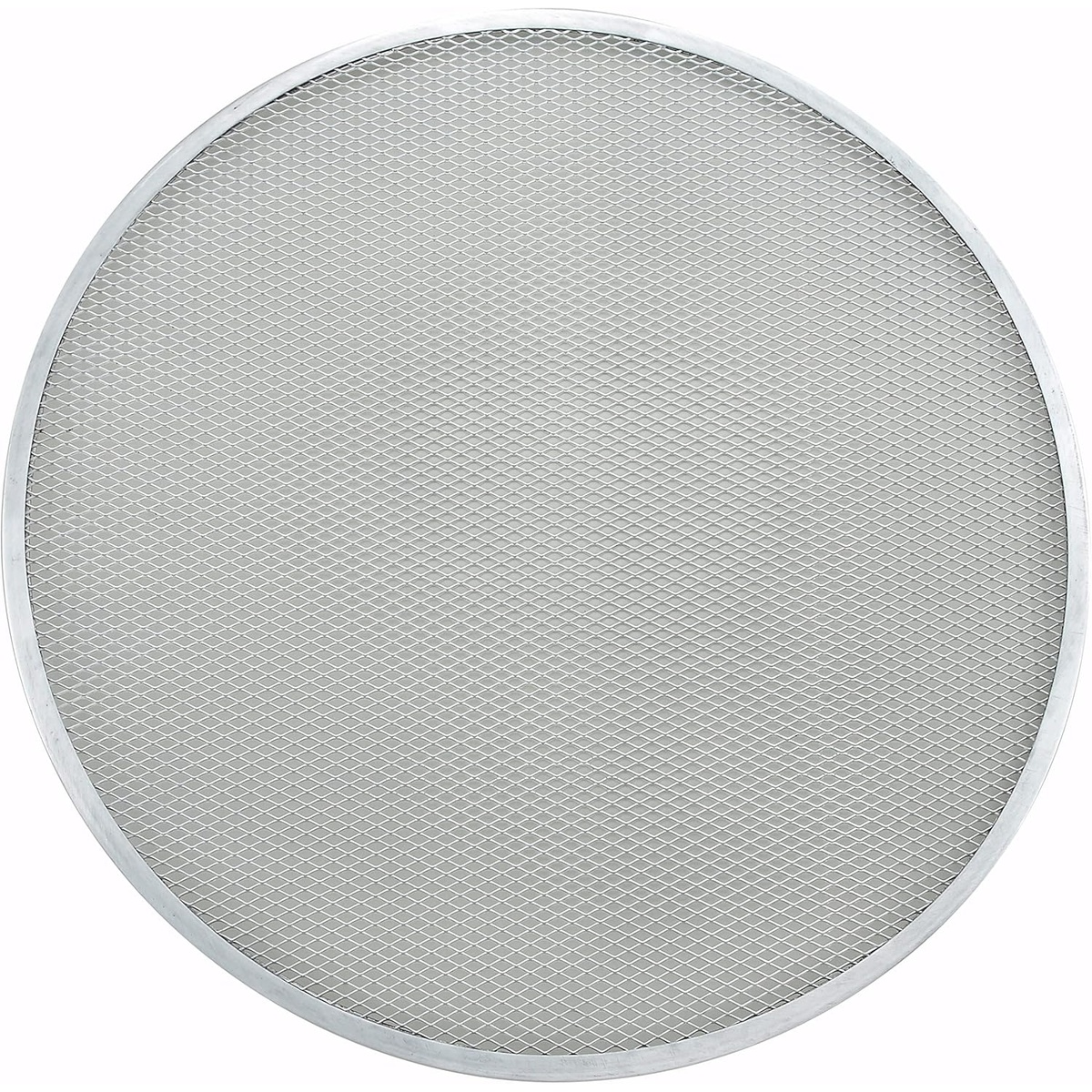 Winco APZS-17 17-inch round aluminum pizza screen with diamond mesh pattern and solid rim