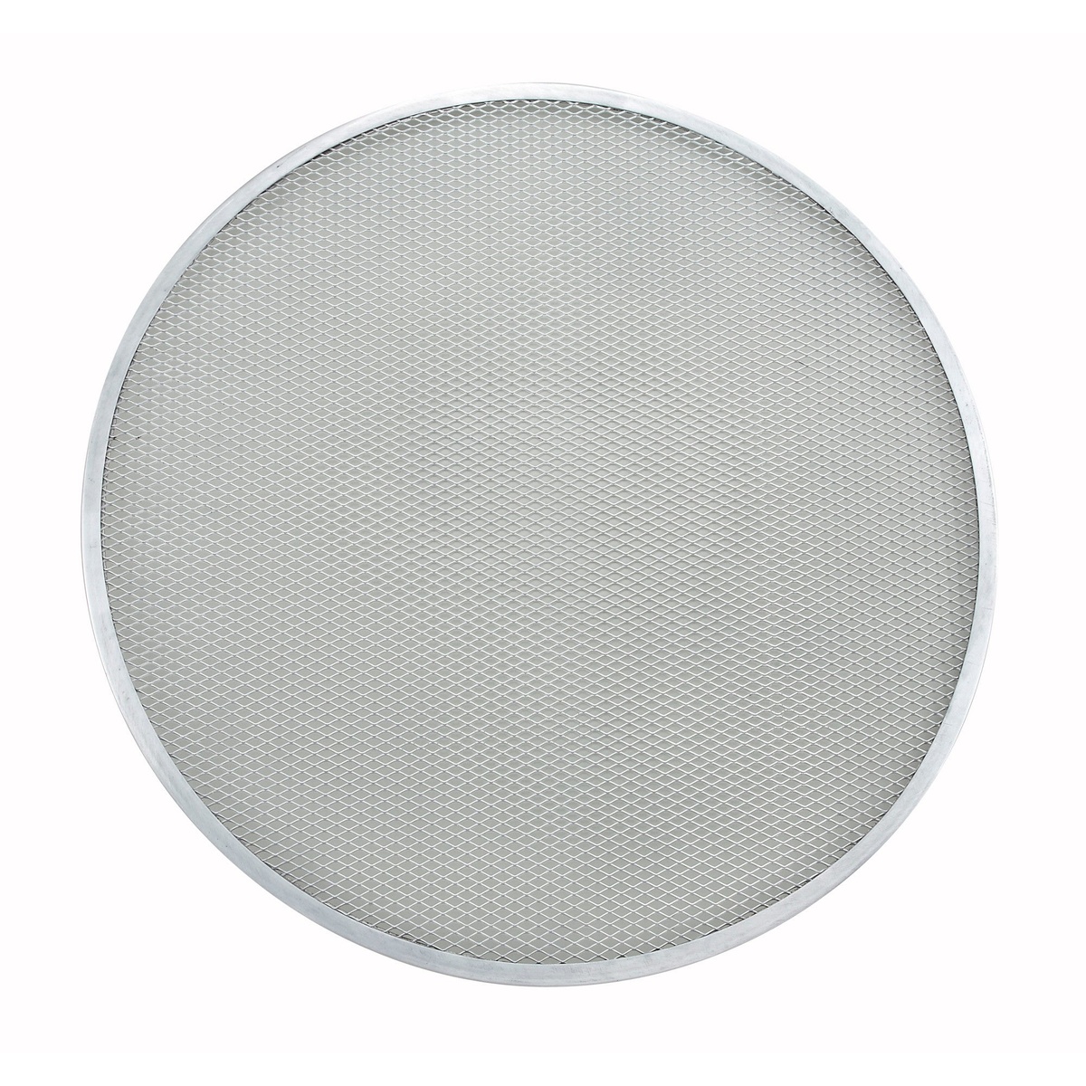 Winco APZS-20 20-inch round seamless aluminum pizza screen with open mesh bottom, top-down view