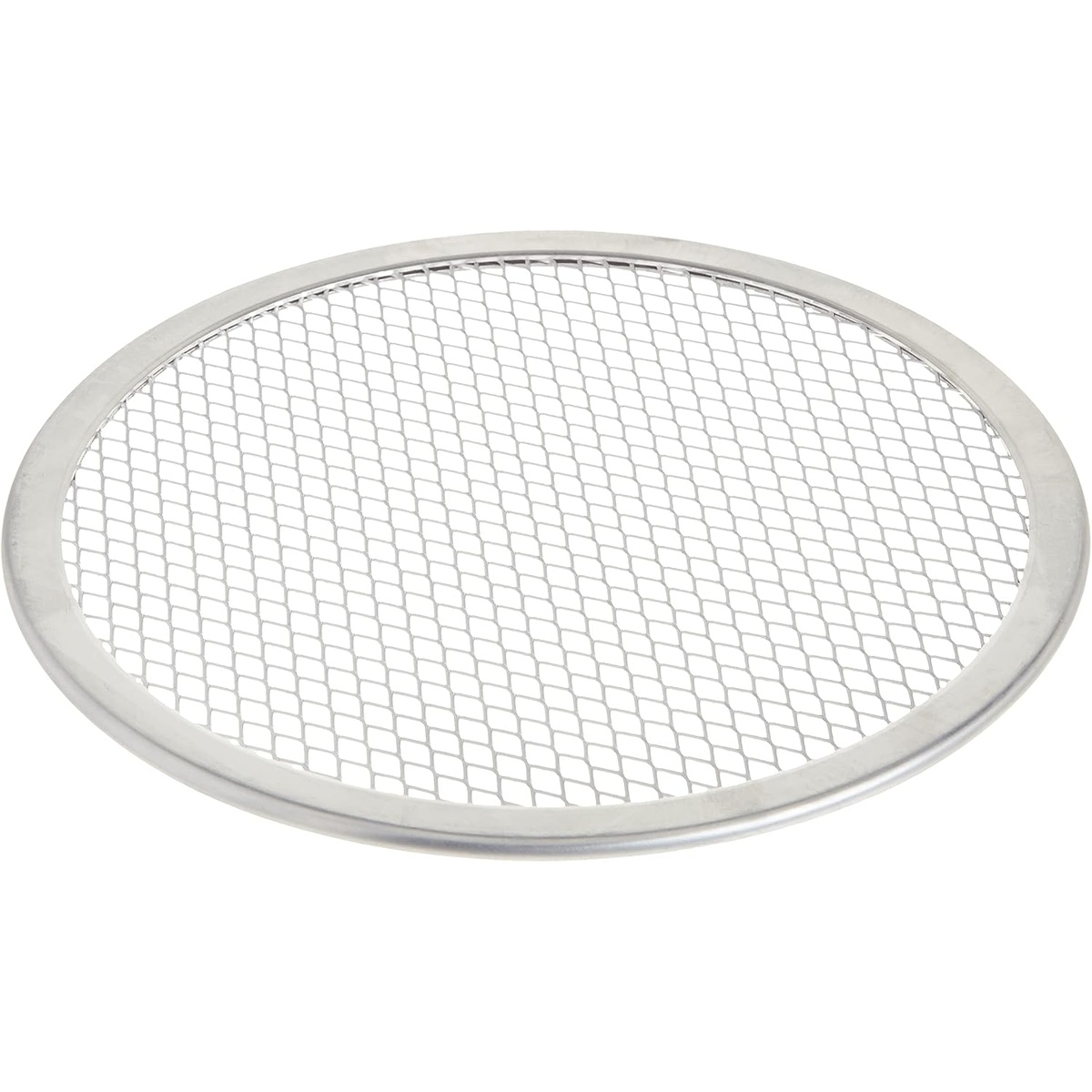 Winco APZS-8 8-inch aluminum pizza screen angled view showing mesh pattern and rolled rim