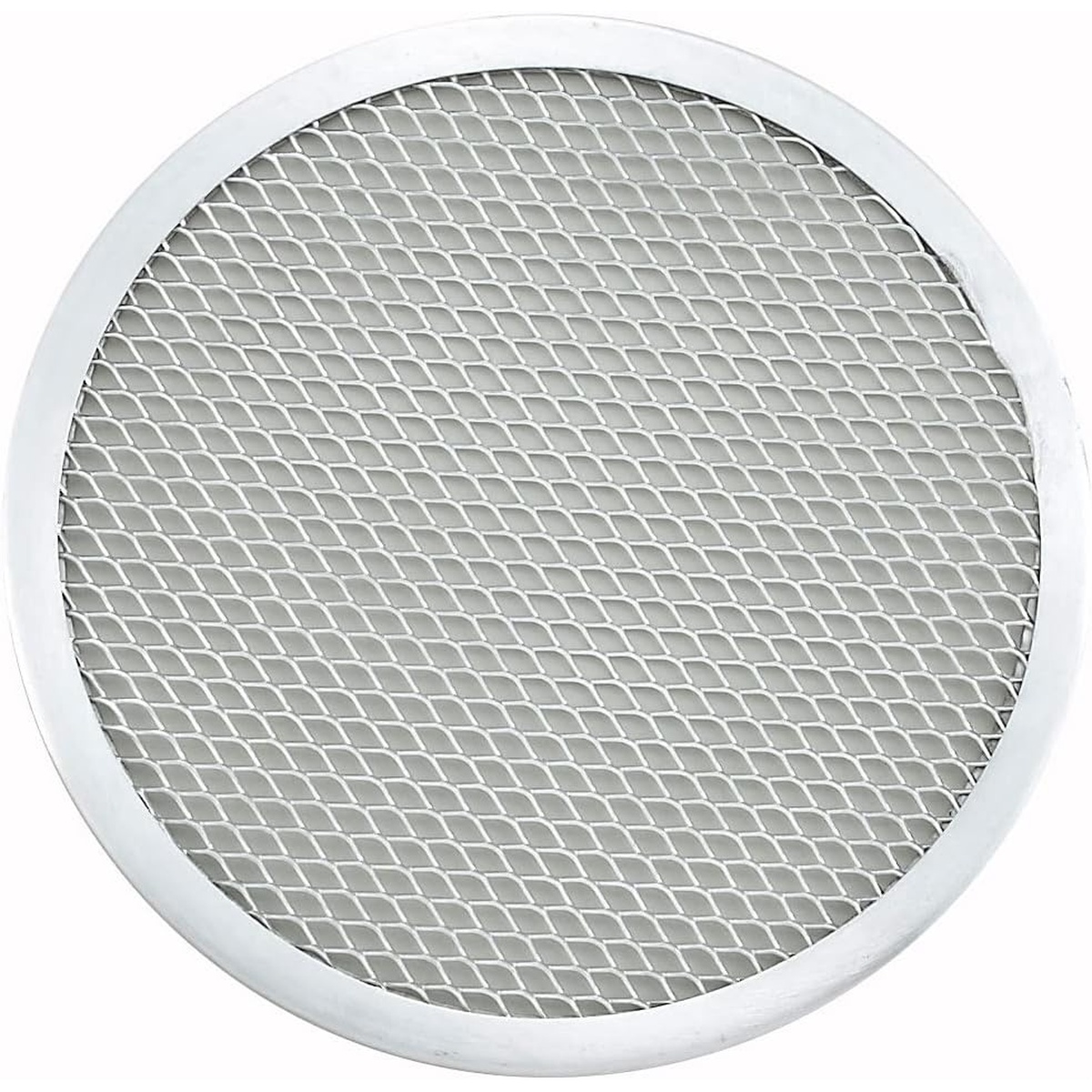 Winco APZS-8 8-inch aluminum pizza screen top view showing seamless mesh surface