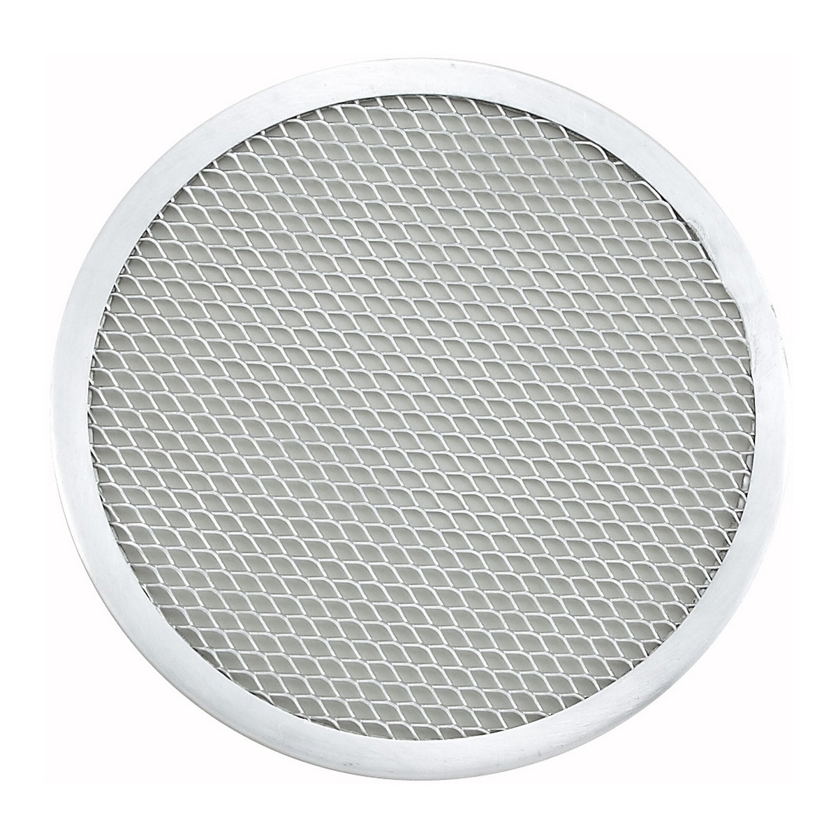 Winco APZS-9 9-inch round seamless aluminum pizza screen with open mesh bottom on white background
