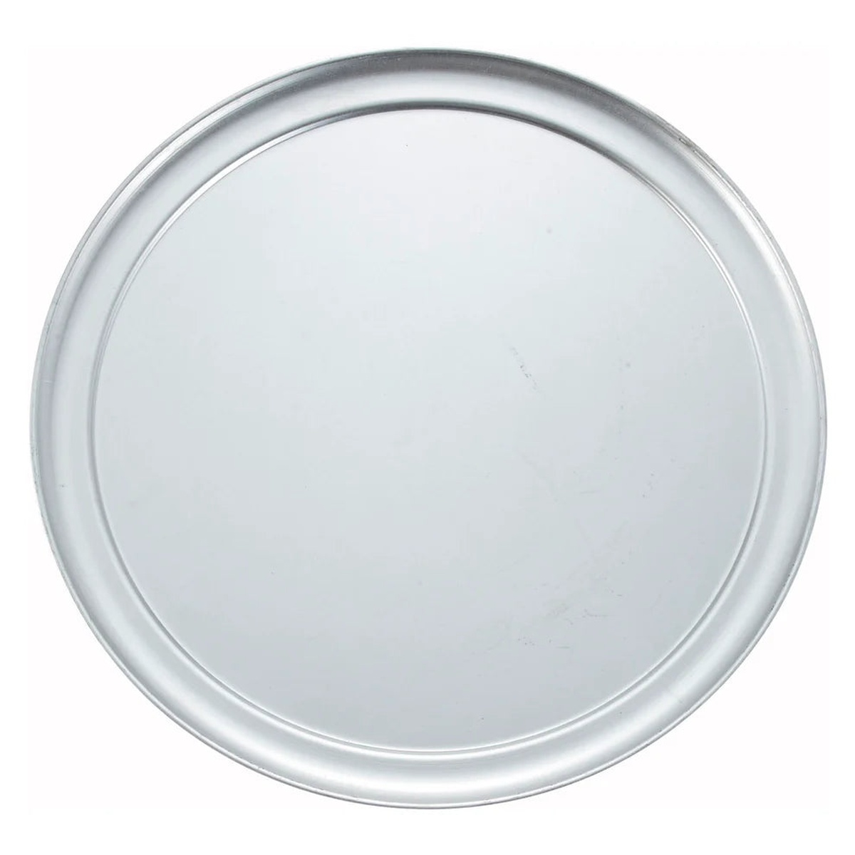 Winco aluminum wide rim pizza tray showing raised rim detail, top view on white background