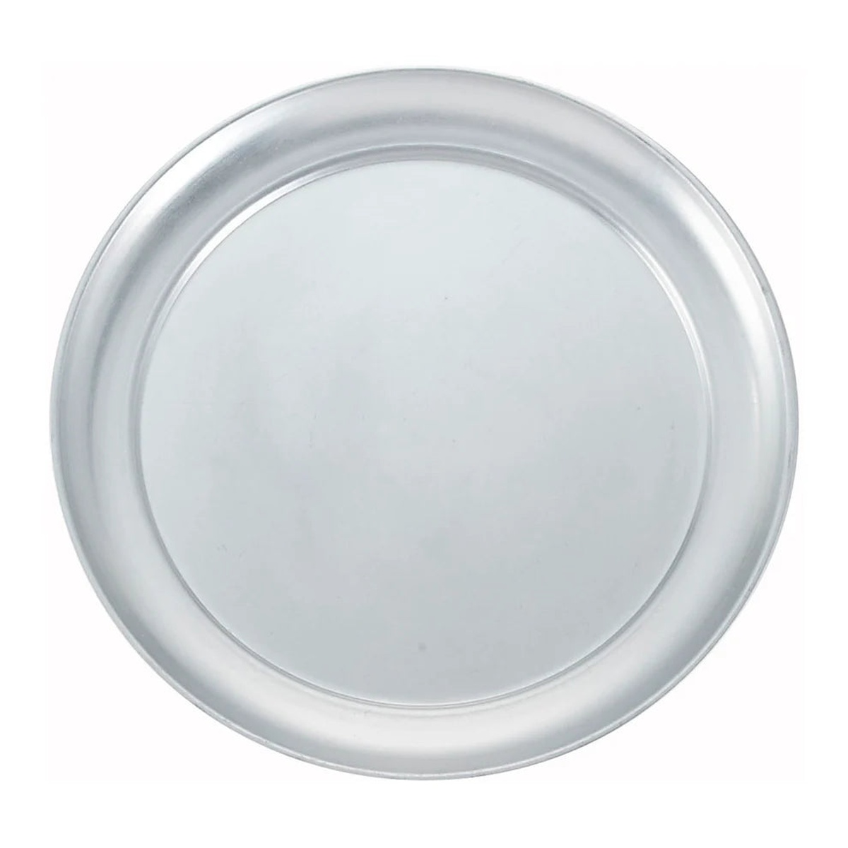 Winco APZT-10 aluminum wide rim pizza tray, top view on white background