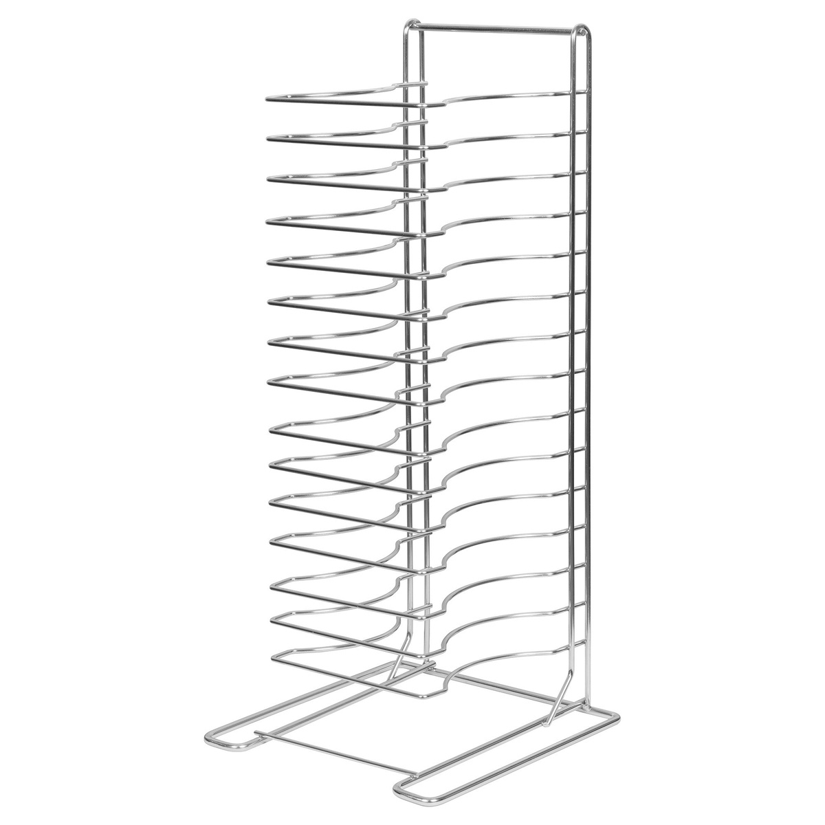 Winco APZT-1015 15-tier silver pizza pan rack on white background, front-left angle