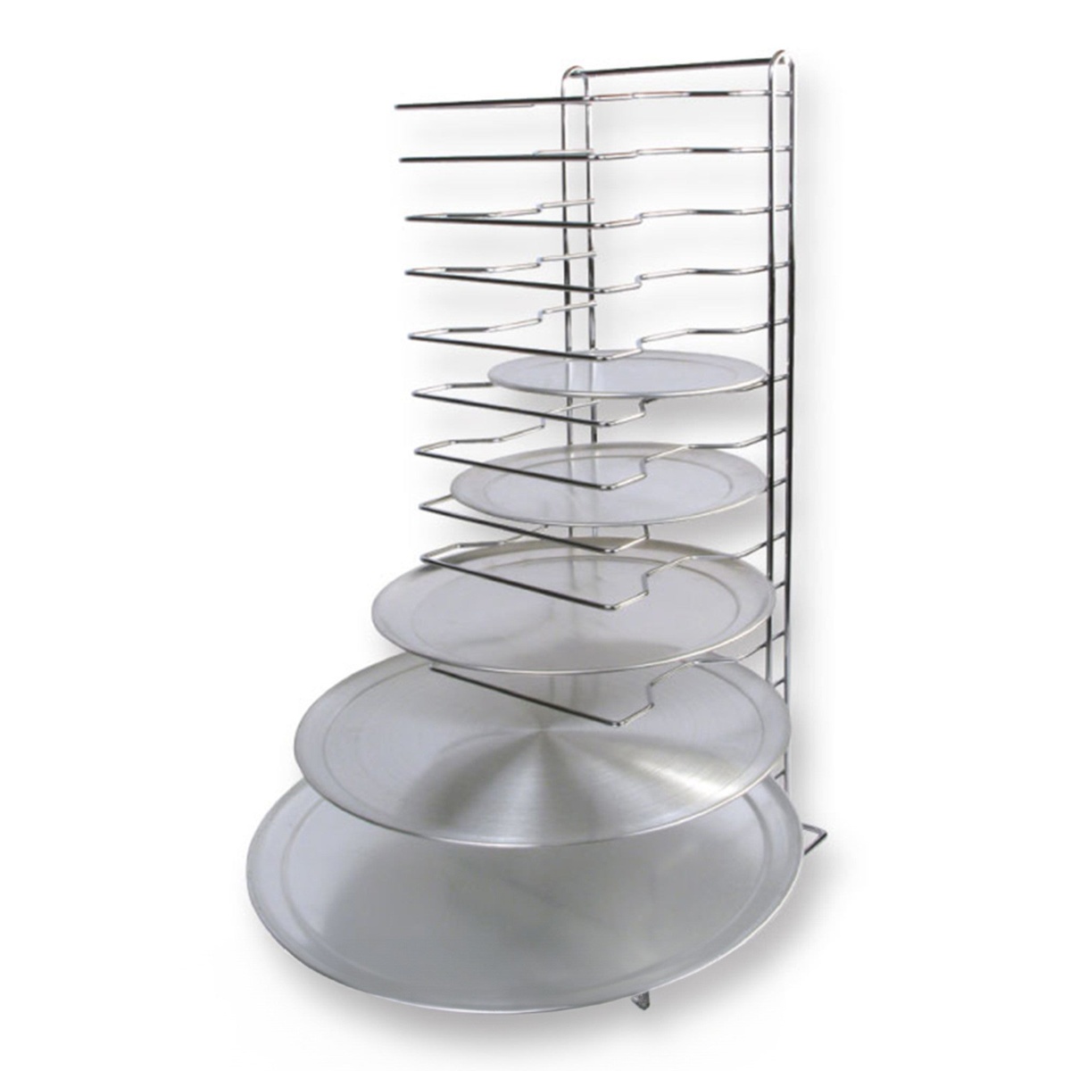 Winco APZT-1015 pizza rack loaded with multiple pizza pans of various sizes