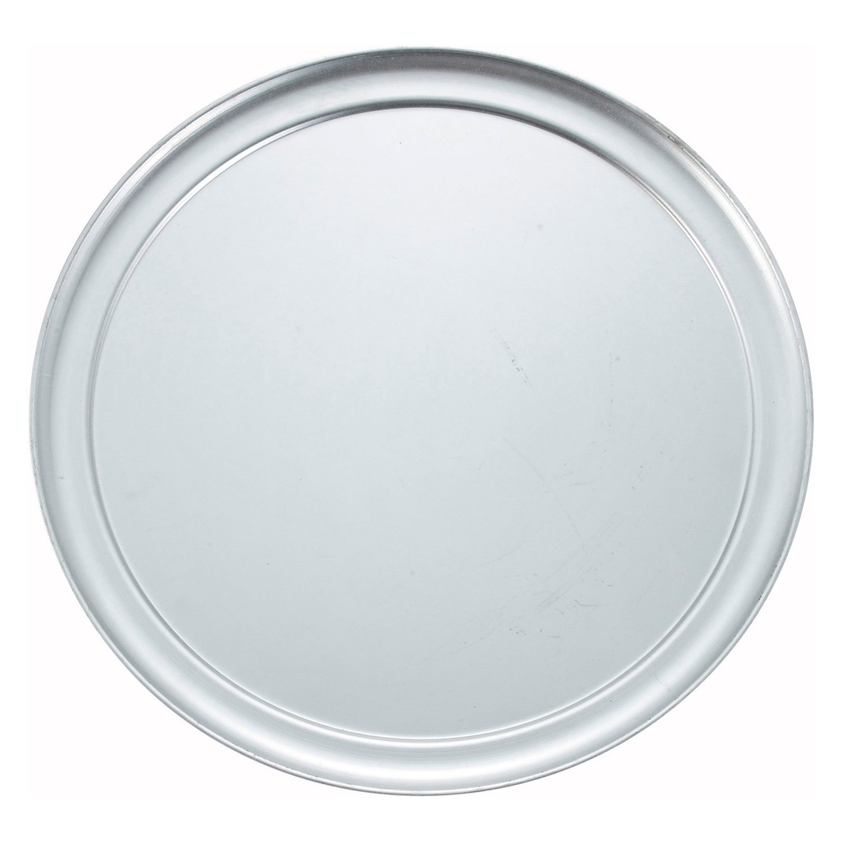 Winco APZT-16 16-inch round aluminum wide-rim pizza pan, top-down view