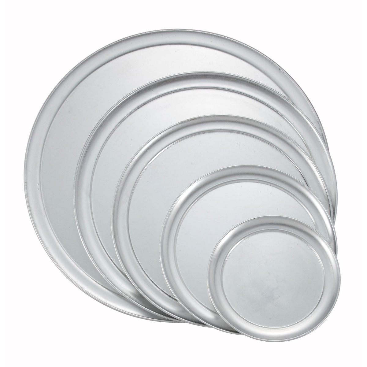 Multiple Winco aluminum wide-rim pizza pans shown in graduated sizes stacked together