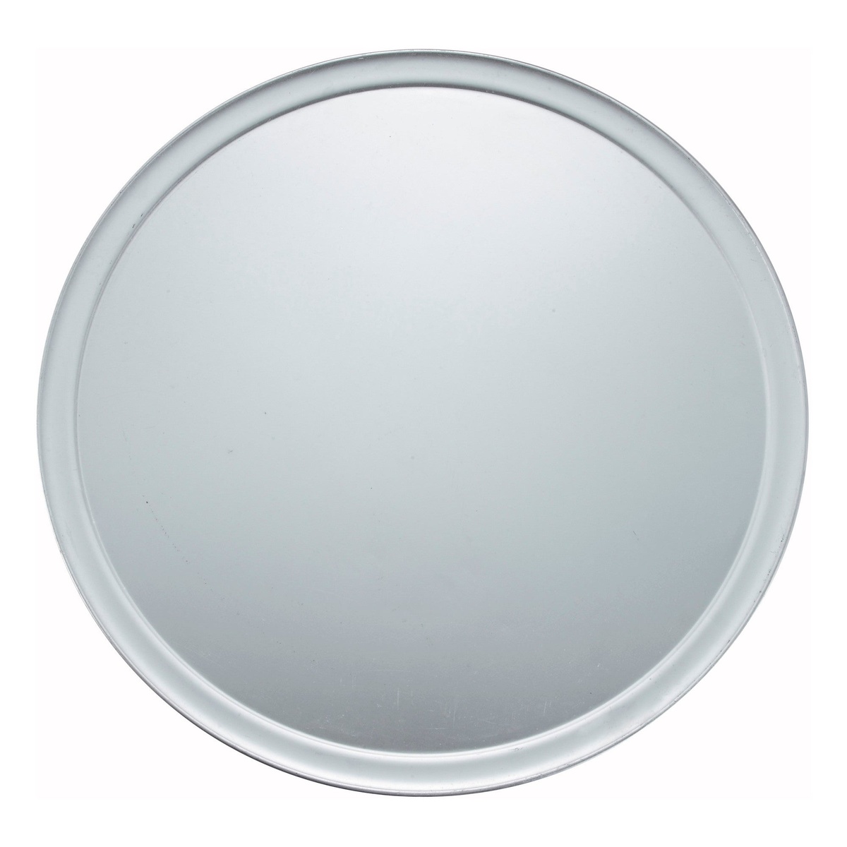 Winco APZT-17 17-inch aluminum wide-rim pizza pan, top-down view on white background