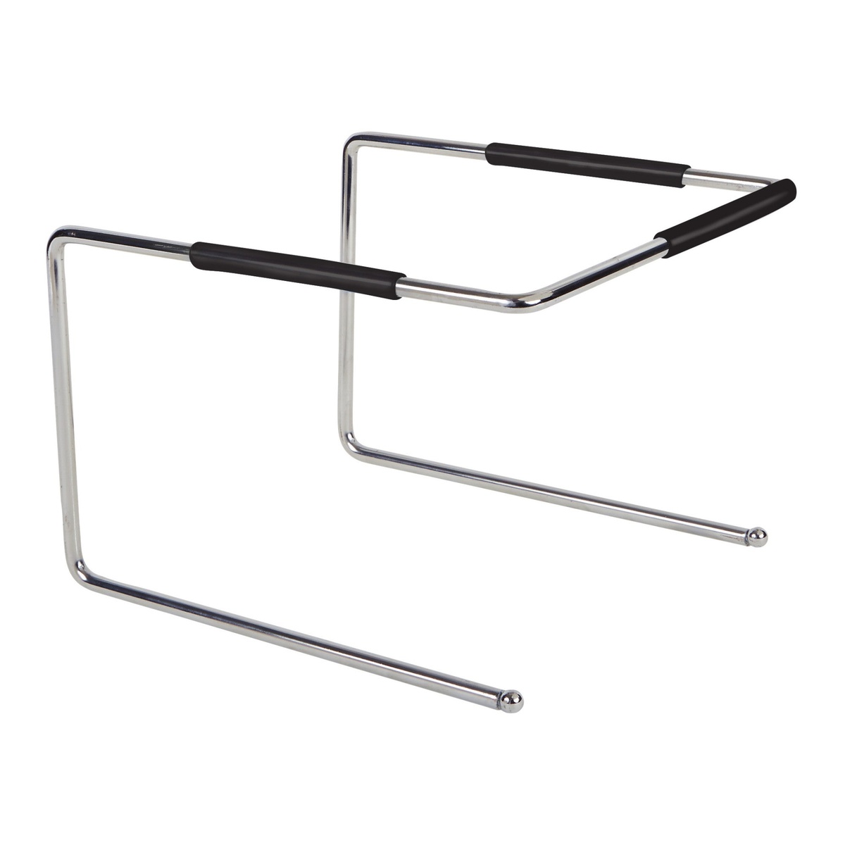 Winco APZT-789 chrome-plated pizza tray stand with black non-slip rubber grips, U-shape design on white background
