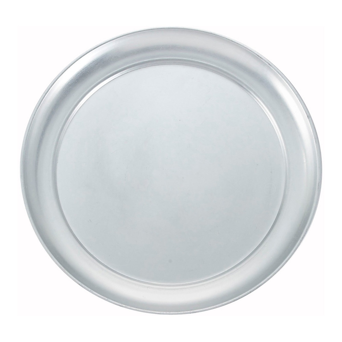 Winco APZT-8 8-inch round aluminum wide-rim pizza pan, top-down view on white background