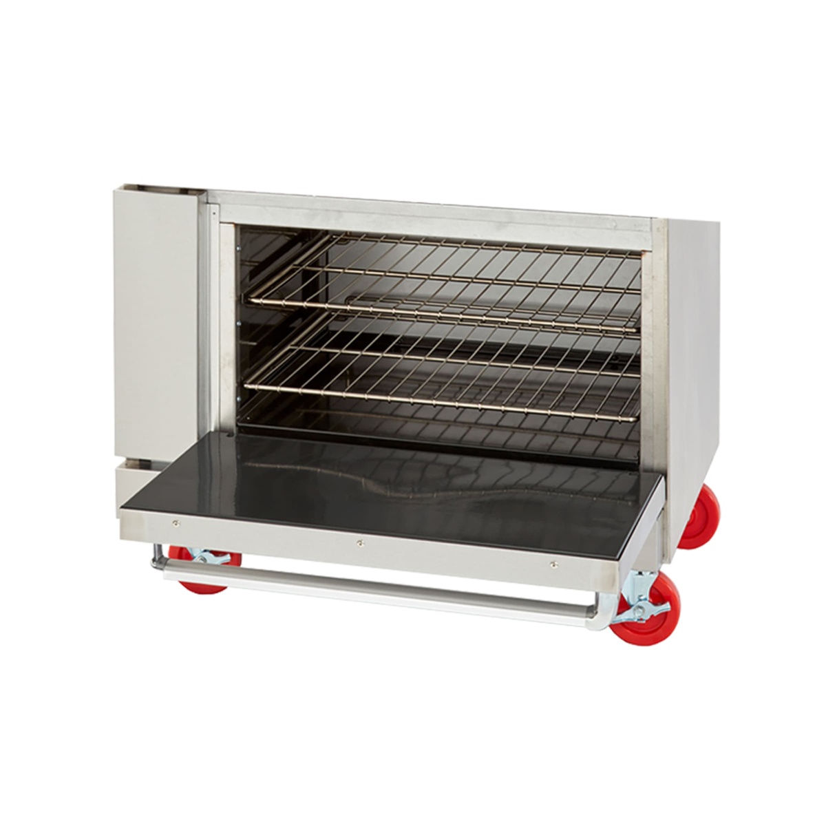 Standard oven interior with two chrome-plated racks and an open drop-down door