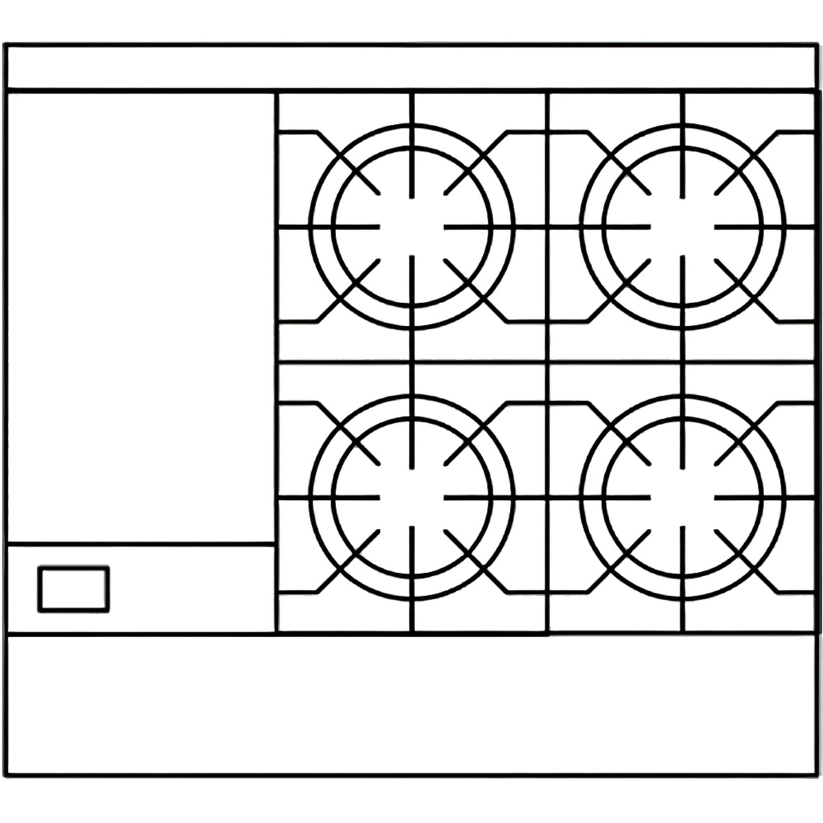 Top-view configuration diagram showing a 12-inch griddle section and four burner grates