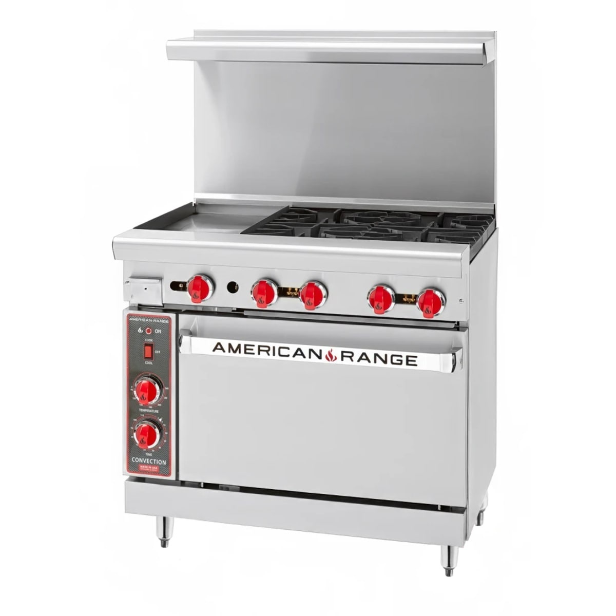 American Range AR-12G-4B 36-inch gas range with four open burners, 12-inch griddle, and single oven