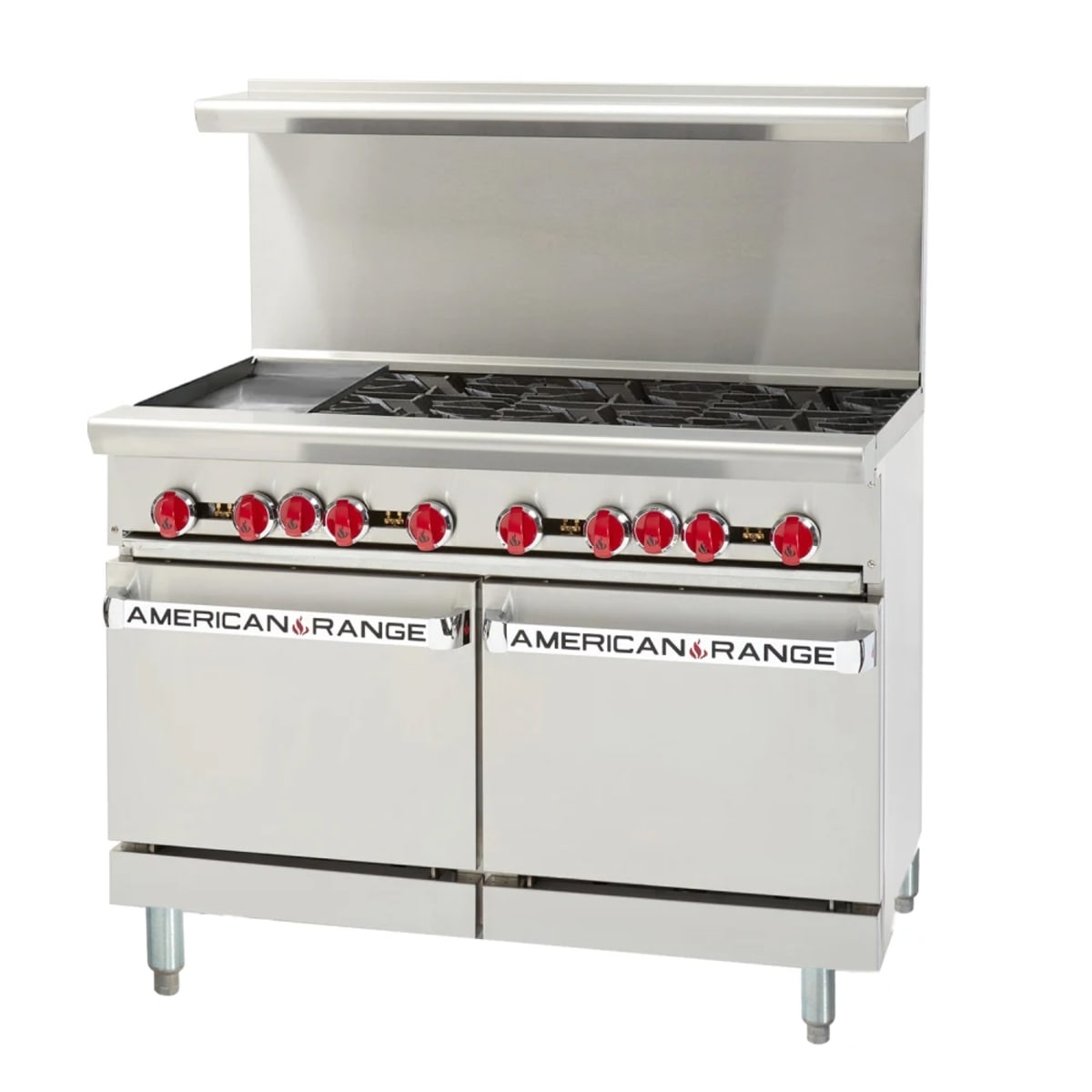 American Range AR-12G-6B commercial gas range with two oven doors and rear high shelf