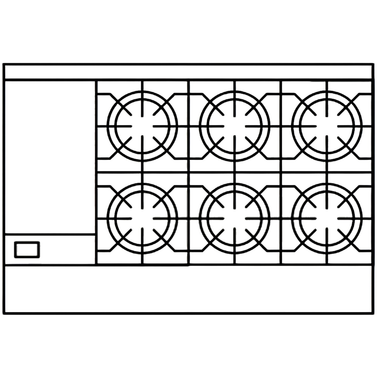 Top layout diagram showing six burners and a left-side griddle section