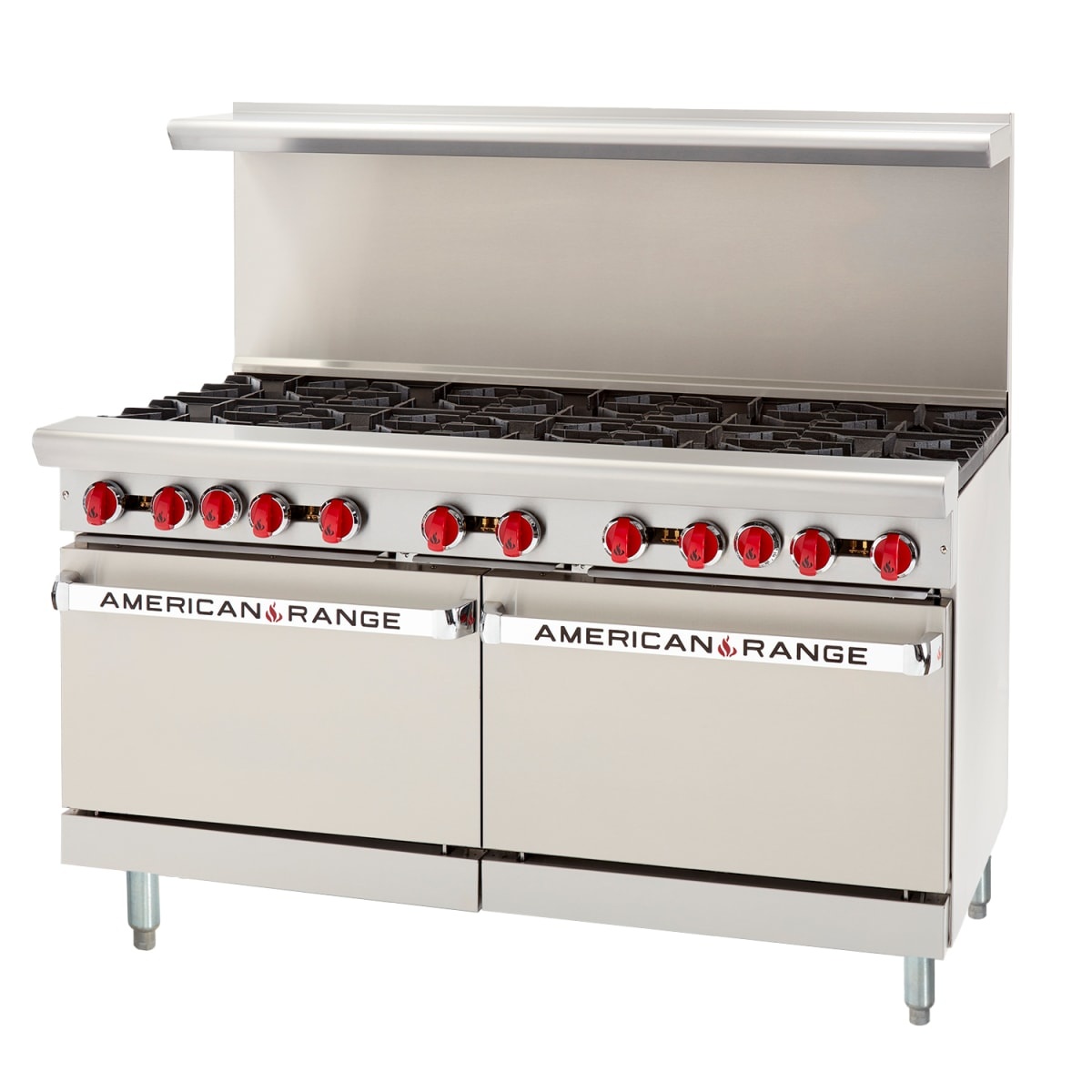 American Range AR-12G-8B commercial gas range with back riser and dual oven doors