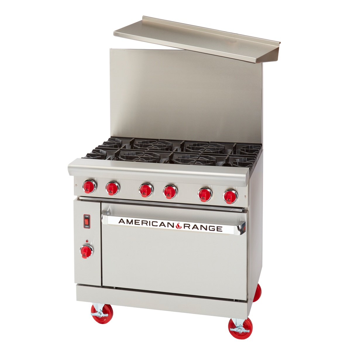 American Range commercial gas range front view with backsplash