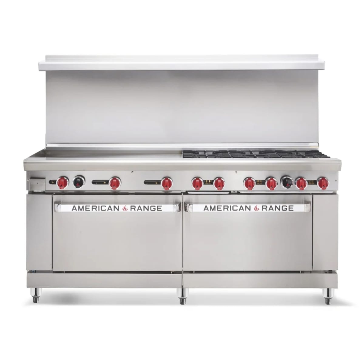 American Range 72-inch commercial range with griddle and burners, front view